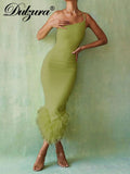 Autumn Feather Y2K Clothes Inclined Shoulder Sleeveless Backless Bodycon Midi Dresses For Women 2023 Club Party
