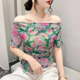 Printed Mesh Tee Shirt Female Slash Neck Short Sleeve Irregular T Shirts Women Summer T-shirt Top-Outfit