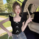 Fongt New French Light-Cooked Ins Top Flying Sleeve Bow Knitted Summer Sling Sling Sling
