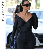V Neck Wrap Bodysuits Women Black Goth Long Sleeve With Gloves One Piece Rompers 2021 Fall Harajuku Party Club