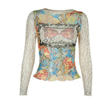 Fongt Autumn 2024 New Women's Clothing Vintage Quality-Renovined Print Mesh T-Shirt
