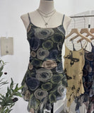 辣bab Net Yarn Print Small Sling Vest Tidly Tidly Ribbon Ribbon Leaves Edge Sleeveless Top