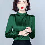 Fongt Spring 2023 New Pressure Pleated Wood Ear Shirt Female Satin Foreign Style Small Shirt Gentle Wind Bubble Sleeve Jacket-Outfit