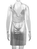 Luxury Sequined Low Cut Halter Mini Dress Backless Patchwork Split Sleeveless Hollow Out Party Sexy Women Solid