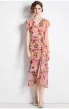 Fongt Retro Niche Design Drawstring Print V-Neck Dress Summer Women's Pocketed Fishtail Skirt Tide