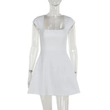 Square Neck Short Sleeve A-Line Solid Mini Dress-Outfit