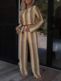 Fongt Women's Long-Sleeved Trousers Two-Piece Round Collar Crochet Girl Knitted Women 3051