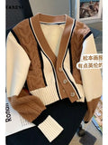 Vintage Cardigans Women Twist Patchwork V-neck Short Sweaters Female Outerwear Coat Tops Clothing Autumn and Winter