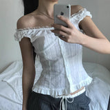 Fongt Small Fragrant Pure Girl Bubble Sleeve Strapped With Wood Ear Age Reduction Netcloak Umbilly Short-Sleeved Top