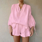 Fongt 2024 Fashion Suit New Women's Long Sleeved Shirt Shorts Loose Pure Color Lace Fashion Suit Women