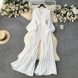 Sleeve Jumpsuit Spring Style V-Tie Waist Long Style Pleated Wide-Leg Trousers-Outfit