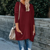 Wise Women's New Round Collar Long Sleeve Pocket T-Shirt Top-Outfit