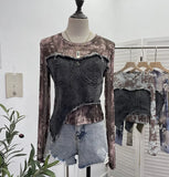 Solid Shooting Tie-Dye Print Spliced Denim T-Shirt Girl Autumn Design Sense Irregular Hair Side Short-Sleeved Top