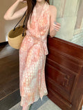 Fongt Xixi 2025 Summer New Korean Version Of High-Waisted Holiday With Dress V-Neck Print Pure Desire Skirt 88329