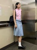 Pleated Skirt Women Girls Blue Jeans Midi Knee-length Denim Skirt A-line Long Skirt Y2k Korean Vintage