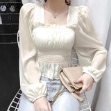 Square-neck Blouse Women New Design Puff Sleeve Chiffon Shirt Thin Tops