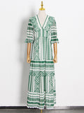 Fongt Vintage 2025 Spring New Fashion Design Prints V-Necked Leaf-Side Dresses For