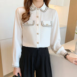 Chiffon Loose Women's Shirts New Fashion Blouses Splicing Polo Shirt Summer Casual Long Sleeve Top Korean Style Female