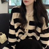 Spring New Korean Style Lazy Gentle Wind Striped Knitted Cardigan Round Collar Color Loose Hair-Outfit