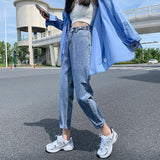 Fongt Jeans Women's Fall Women 2024 New High Waist Slim Versatile Loose Straight Dad Turnip Pants-Outfit