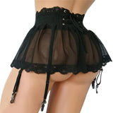 Mesh Garter Skirt Sheer Ruffle Garter Belt Black Mesh And Lace Six Strap High Waist Suspender Belt Women Black