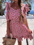 Summer Dress For Women 2022 Short Ruffles Sleeve Backless New Mini Party Dresses Lace Up New Fashion Red Floral