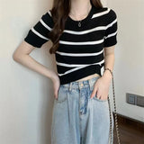 Fongt Striped Short-Sleeved Knitted Shirt 2024 Summer New Design Sense Small Loose Short Top In