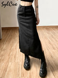 Simple Black Split Sexy Slim Hot Versatile Light Cool Thin Summer Women's Mature Feminine Charm Street Skirt Long-Outfit