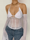 Halter Tie Mesh Patch Top-Outfit