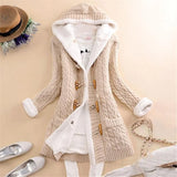 Women Casual Knit Ox Horn Button Coat Long Sleeve Sweater Cashmere Thick Warm Hooded Cardigan Coat Solid Comfy Knitwear Coat-Outfit