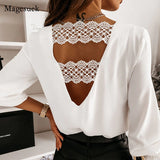 Back V-shaped Hollow Lace Stitching Pullover White Blouse Fashion Sexy V-neck Autumn and Winter Long-sleeved Shirt