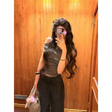 Fongt Atmosphere Is Thin Wear With Striped Slanted Shoulder Slim Short-Sleeved T-Shirt Lattice Spliced Design Sense Loose Pants Set