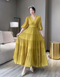 Fongt Seaside New Super Layer V-Neck Waist Temperament Famous 100 Fold Dress Short-Sleeved A-Word Dress Woman