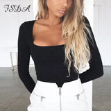 Suqare Neck Casual Long Sleeve T Shirt Women Sexy Top Black White Autumn Spring Summer Red Tee Basic Ladies Shirt