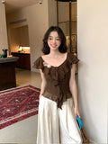 Fongt Xixi 2025 Summer New Elegant Temperament Flowers V Collared Leaf-Side Shirt Thin Top Lady 89387