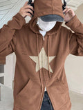 Vintage Star Patch Baggy Zip Up Hoodie-Outfit