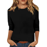 Fongt Women's Top With A Round Collar Seven-Sleeve Solid Color T-Shirt-Outfit