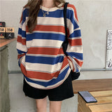 Fongt 2024 New Korean Version Of Loose Striped Long-Sleeve T-Shirt Female Ins Web Celebrity Students With Thin