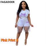 Plus Size Women Set S-5XL PINK Letter Print Round Neck Top And Tassel Shorts Two Piece Sets Casual 2pcs Outfits