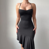 Fongt Summer New Temperament Hanging Neck Back Tie Slim Empty Lotus Leaf Skirt Dress