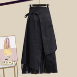 Women Summer Two Pieces Set Korean Casual Backless Bow Bandage Short Sleeve Tops + Irregular Mesh Patchwork Skirt Sets For