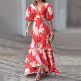 Fongt 2025 New Color V-Neck Bubble Sleeve High-Waisted Temperament Irregular Dress