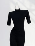 Fongt High Temperament Style Half High Collar Sleeve Bottom Shirt Female Five Sleeve Black With Short Sleeve Slim Jacket-Outfit