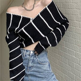 Fongt Girl Cross One Word Shoulder Striped Top Spring New Chic Retro Sexy Off The Shoulder Long Sleeves Show Skinny Knit-Outfit