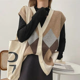 2021 New Autumn Winter Women Sweaters Sleeveless Oversized Plaid Vintage Vest Checkered Waistcoat Lady Tops