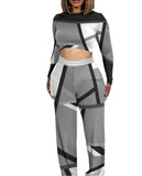 New Plus-Size Women's Wear Two Long-Sleeved Wide-Leg Trousers Printed Suit-Outfit