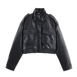 Fongt Women's Long-Sleeved Imitation Leather Short Jacket Jacket