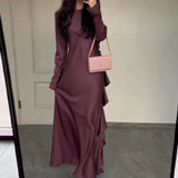 Fongt Solid Color Round Collar Lotus Leaf Long Temperament Dress In Autumn 2025