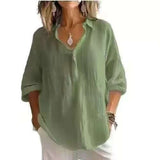 Fongt New Solid Color Leisure Loose Size V Collar Long Sleeve Top Shirt Woman