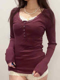 Solid Lace Trim Breasted Long Sleeve Knit-Outfit